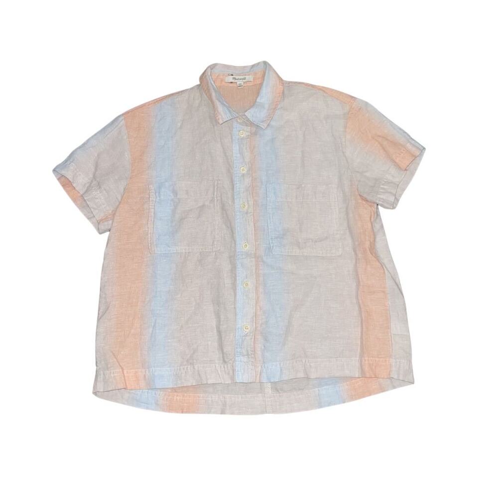 Madewell Linen Beachside Short Sleeve Boxy Blouse Ombre Stripe XXS Coastal Beach